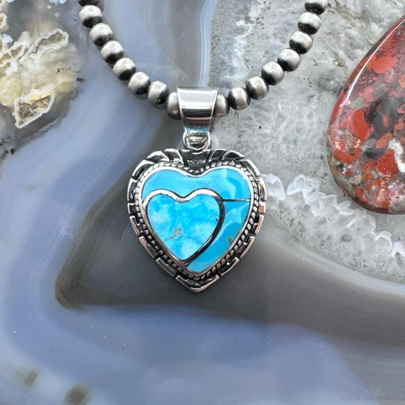 Native American Sterling Blue Ridge Turquoise Decorated Double Heart Pendant - Picture 2 of 10